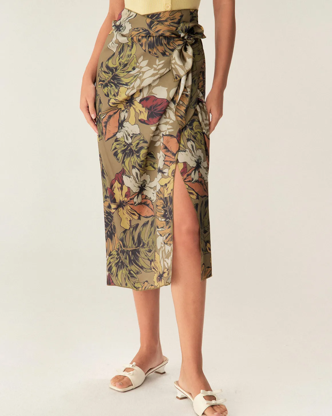 Khaki Floral High Waisted Wrap Midi Skirt