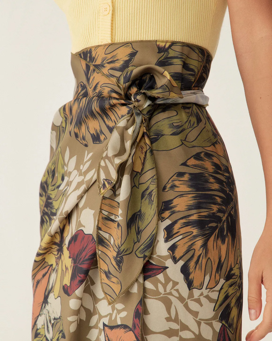Khaki Floral High Waisted Wrap Midi Skirt