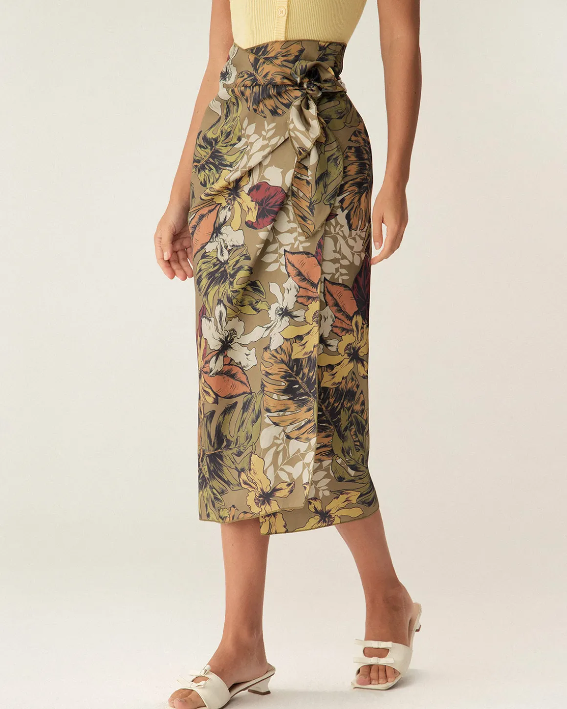 Khaki Floral High Waisted Wrap Midi Skirt