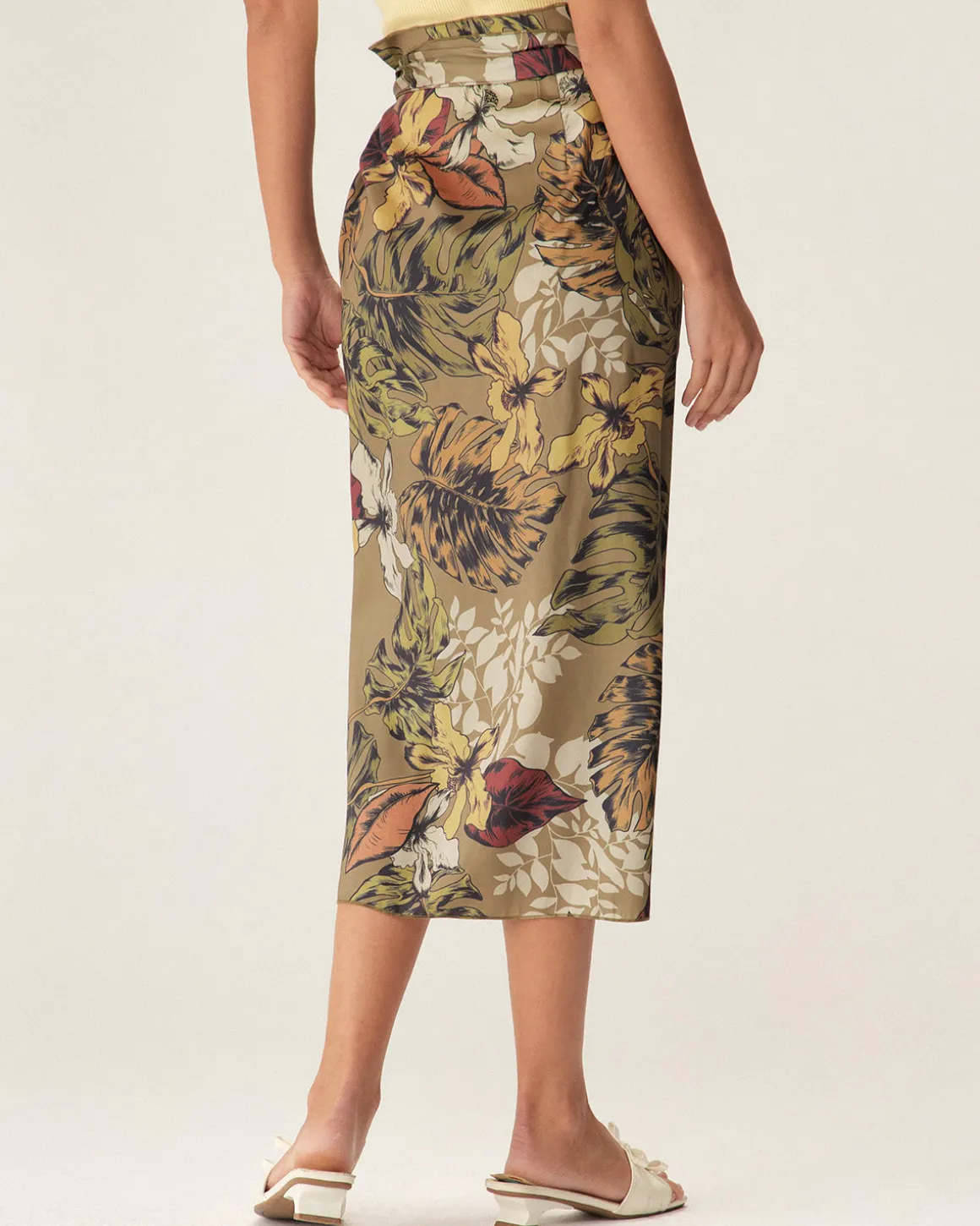 Khaki Floral High Waisted Wrap Midi Skirt
