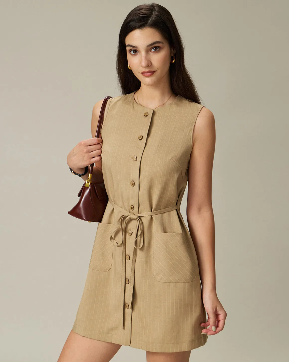 Khaki Round Neck Button Mini Dress