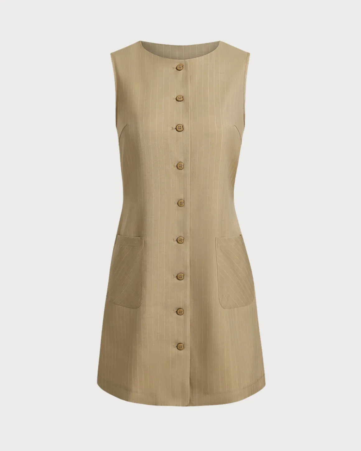 Khaki Round Neck Button Mini Dress