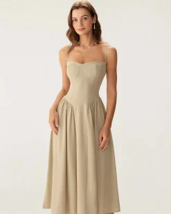 Khaki Square Neck Pocket Slip Midi Dress
