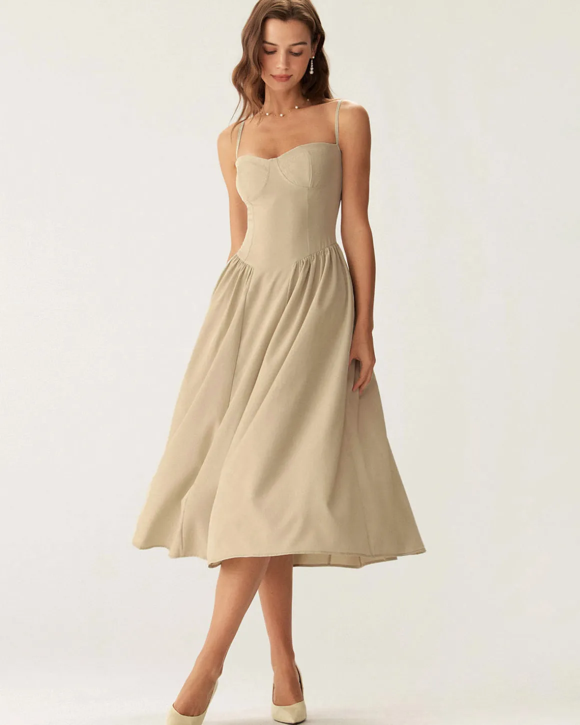 Khaki Square Neck Pocket Slip Midi Dress