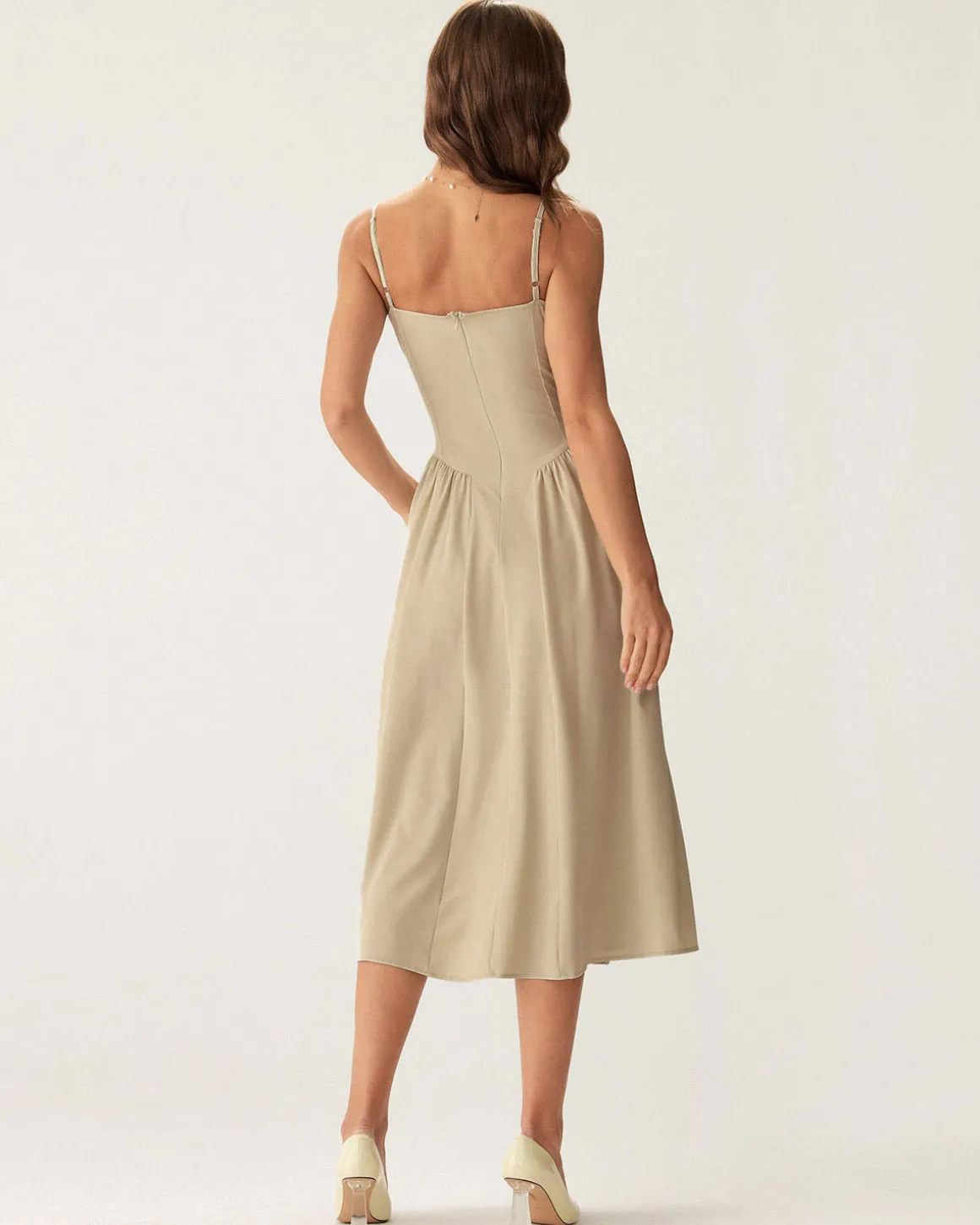 Khaki Square Neck Pocket Slip Midi Dress