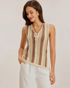 Khaki Striped V Neck Tank Top
