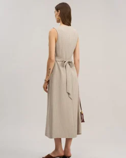 Khaki Striped V-Neck Sleeveless Maxi Dress