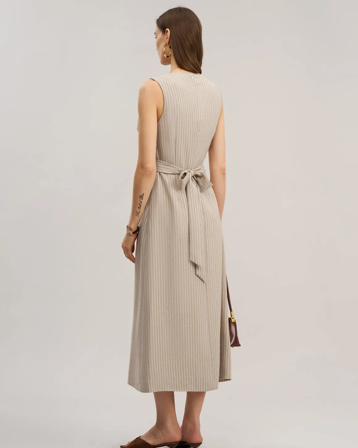 Khaki Striped V-Neck Sleeveless Maxi Dress