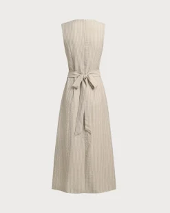 Khaki Striped V-Neck Sleeveless Maxi Dress