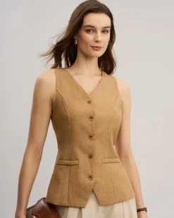 Khaki V Neck Cutout Button Vest