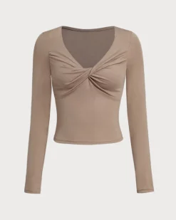 Khaki V Neck Ruched Slim Tee