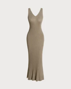 Khaki V Neck Sleeveless Bodycon Sweater Dress