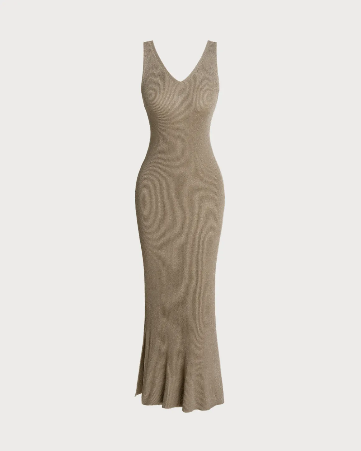 Khaki V Neck Sleeveless Bodycon Sweater Dress