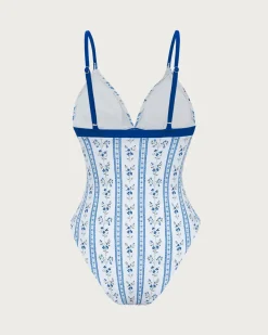 Light Blue Knit Contrast Elegant Printed One-Piece Swimsuit