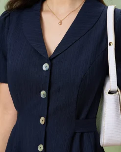 Navy Button A-Line Pocket Midi Dress