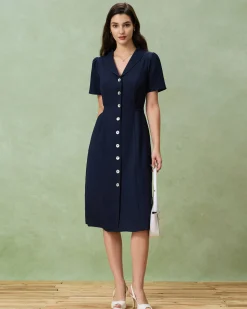 Navy Button A-Line Pocket Midi Dress