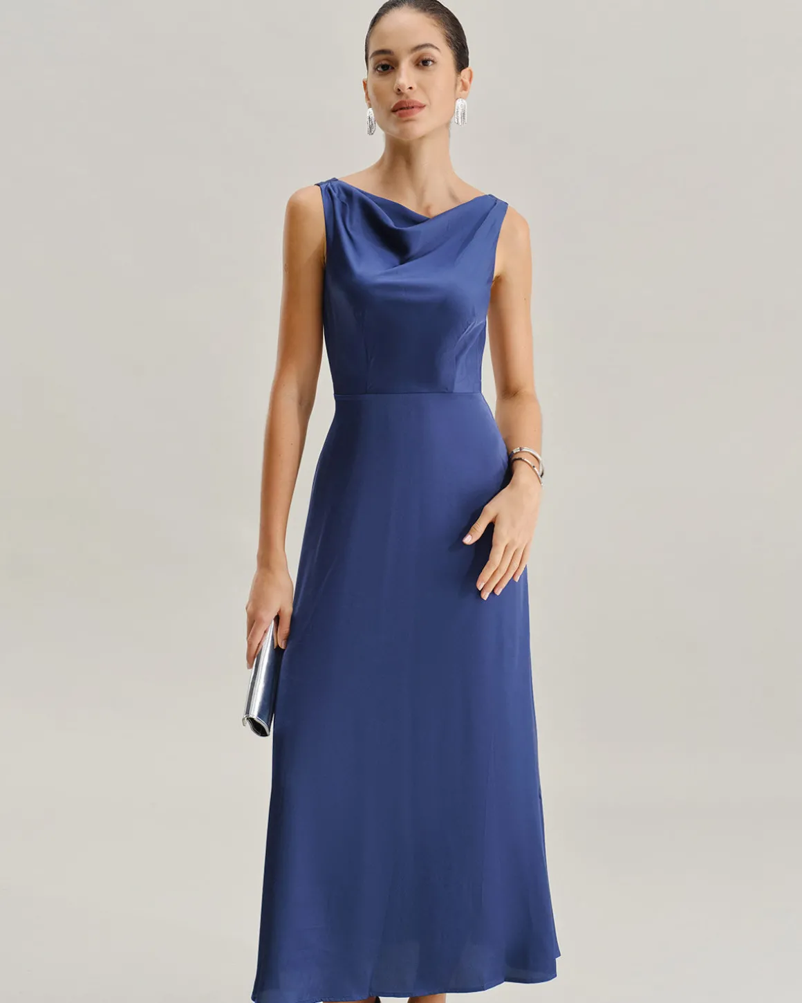 Navy Cowl Neck Satin Sleeveless Maxi Dress