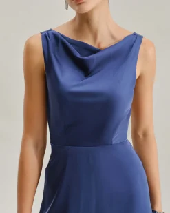 Navy Cowl Neck Satin Sleeveless Maxi Dress