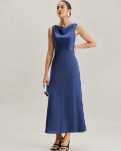 Navy Cowl Neck Satin Sleeveless Maxi Dress