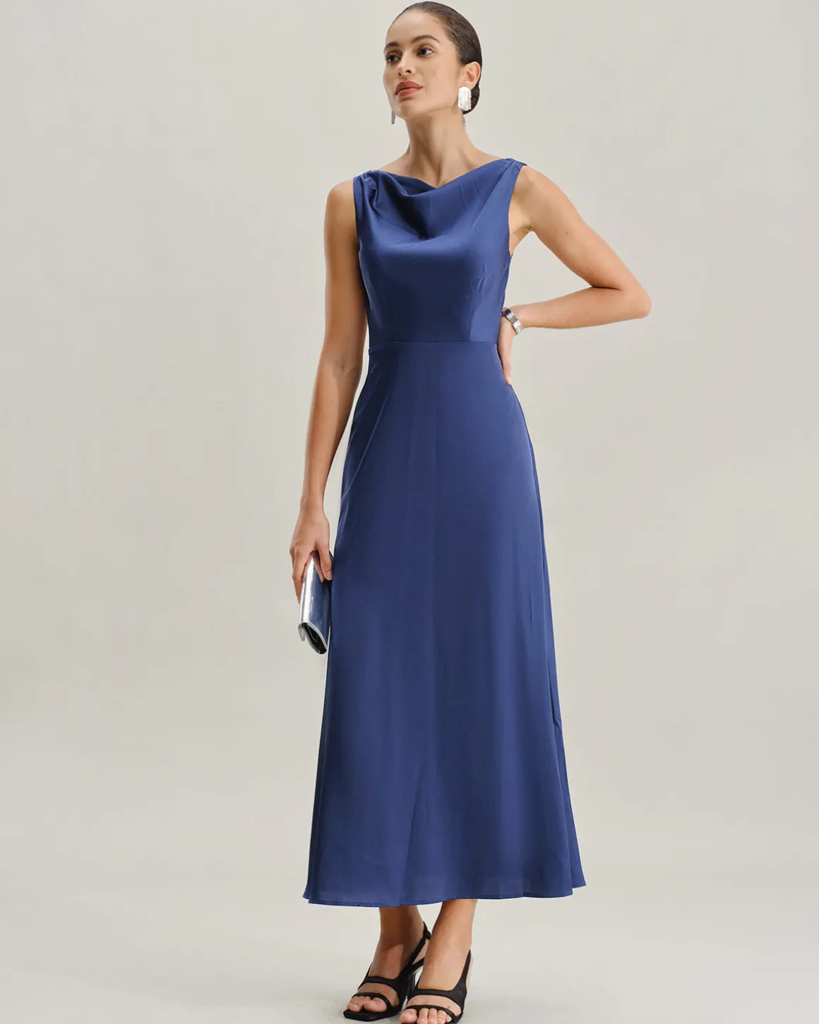Navy Cowl Neck Satin Sleeveless Maxi Dress