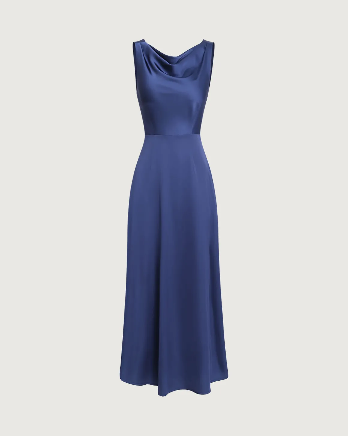 Navy Cowl Neck Satin Sleeveless Maxi Dress