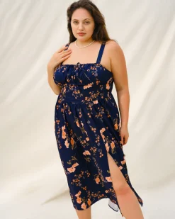 Navy Floral Ruched Plus Size Slip Midi Dress
