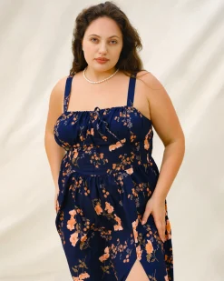 Navy Floral Ruched Plus Size Slip Midi Dress