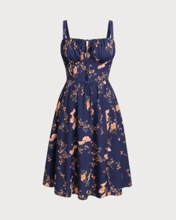 Navy Floral Ruched Plus Size Slip Midi Dress