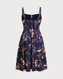 Navy Floral Ruched Plus Size Slip Midi Dress