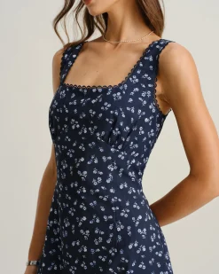 Navy Floral Square Neck Slip Mini Dress