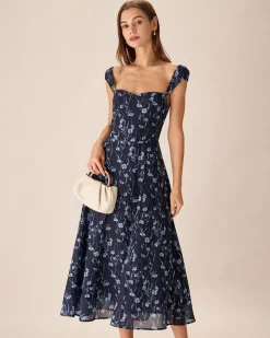 Navy Floral Sweetheart Neck Midi Dress