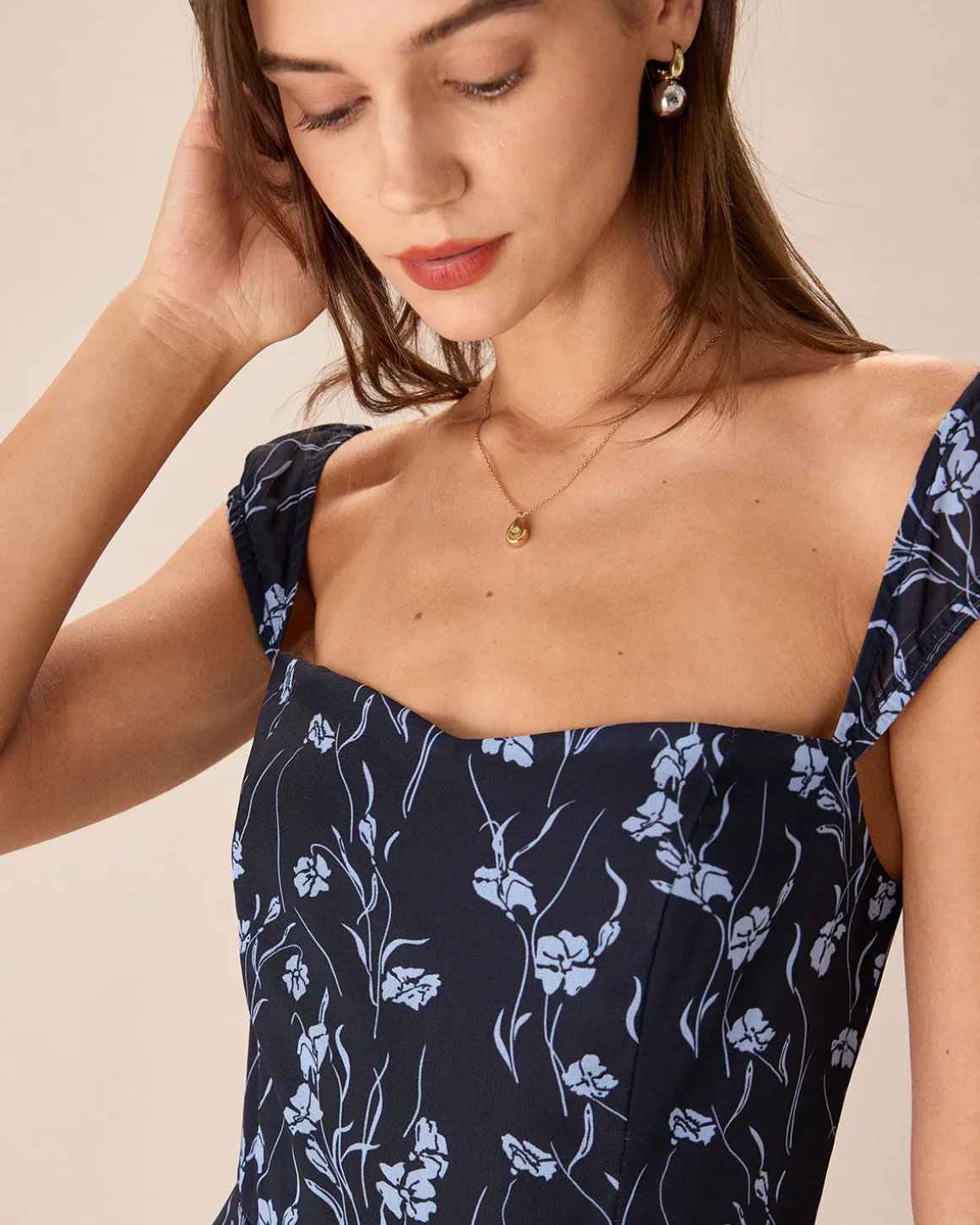 Navy Floral Sweetheart Neck Midi Dress