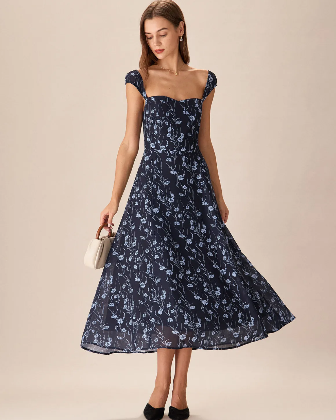 Navy Floral Sweetheart Neck Midi Dress
