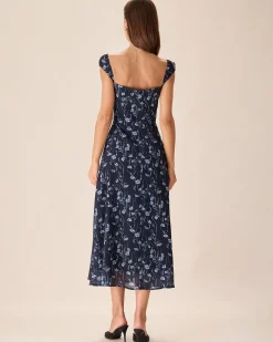 Navy Floral Sweetheart Neck Midi Dress