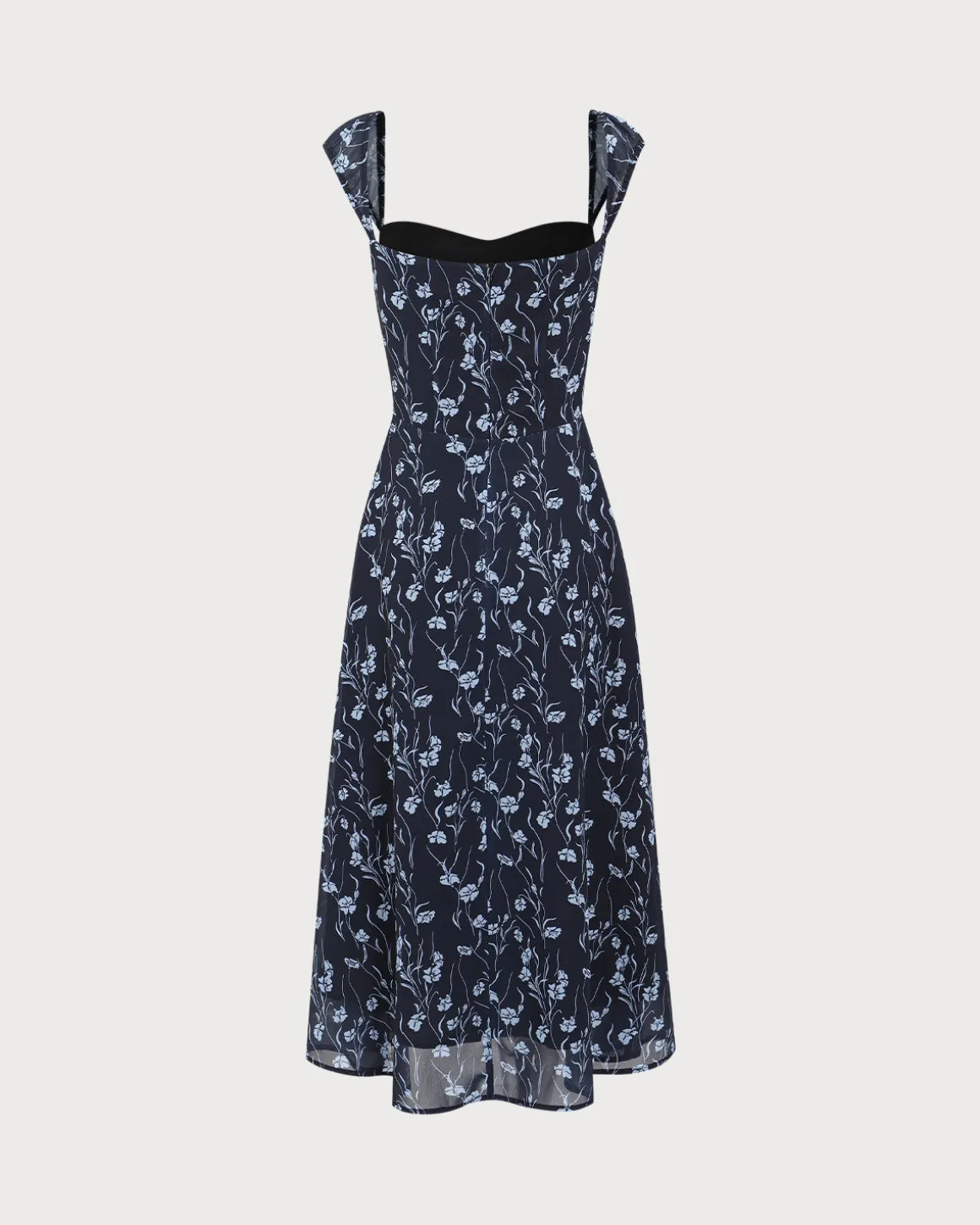 Navy Floral Sweetheart Neck Midi Dress