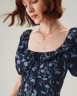 Navy Floral U-Neck Puffed-Sleeve Maxi Dress