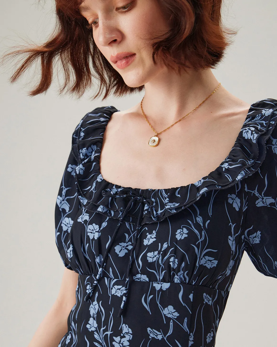 Navy Floral U-Neck Puffed-Sleeve Maxi Dress