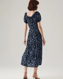 Navy Floral U-Neck Puffed-Sleeve Maxi Dress