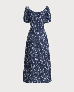 Navy Floral U-Neck Puffed-Sleeve Maxi Dress