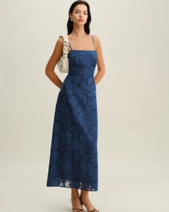 Navy Jacquard Slip Backless Maxi Dress