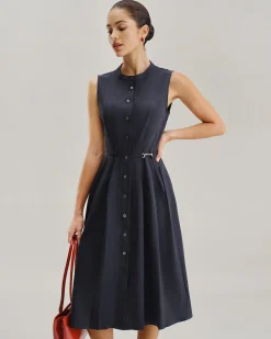 Navy Mock Neck High Waist Midi Dress