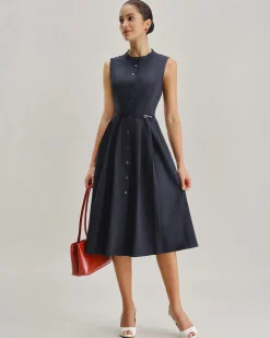Navy Mock Neck High Waist Midi Dress