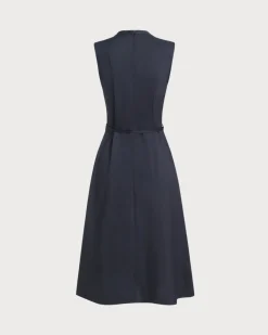 Navy Mock Neck High Waist Midi Dress