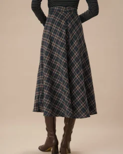 Navy Plaid Flared Midi Skirt