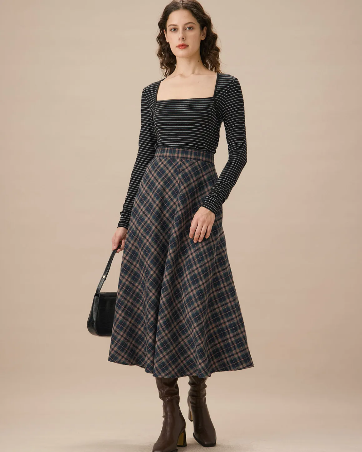 Navy Plaid Flared Midi Skirt