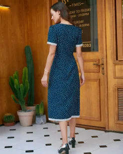 Navy Polka Dot Lace Midi Dress