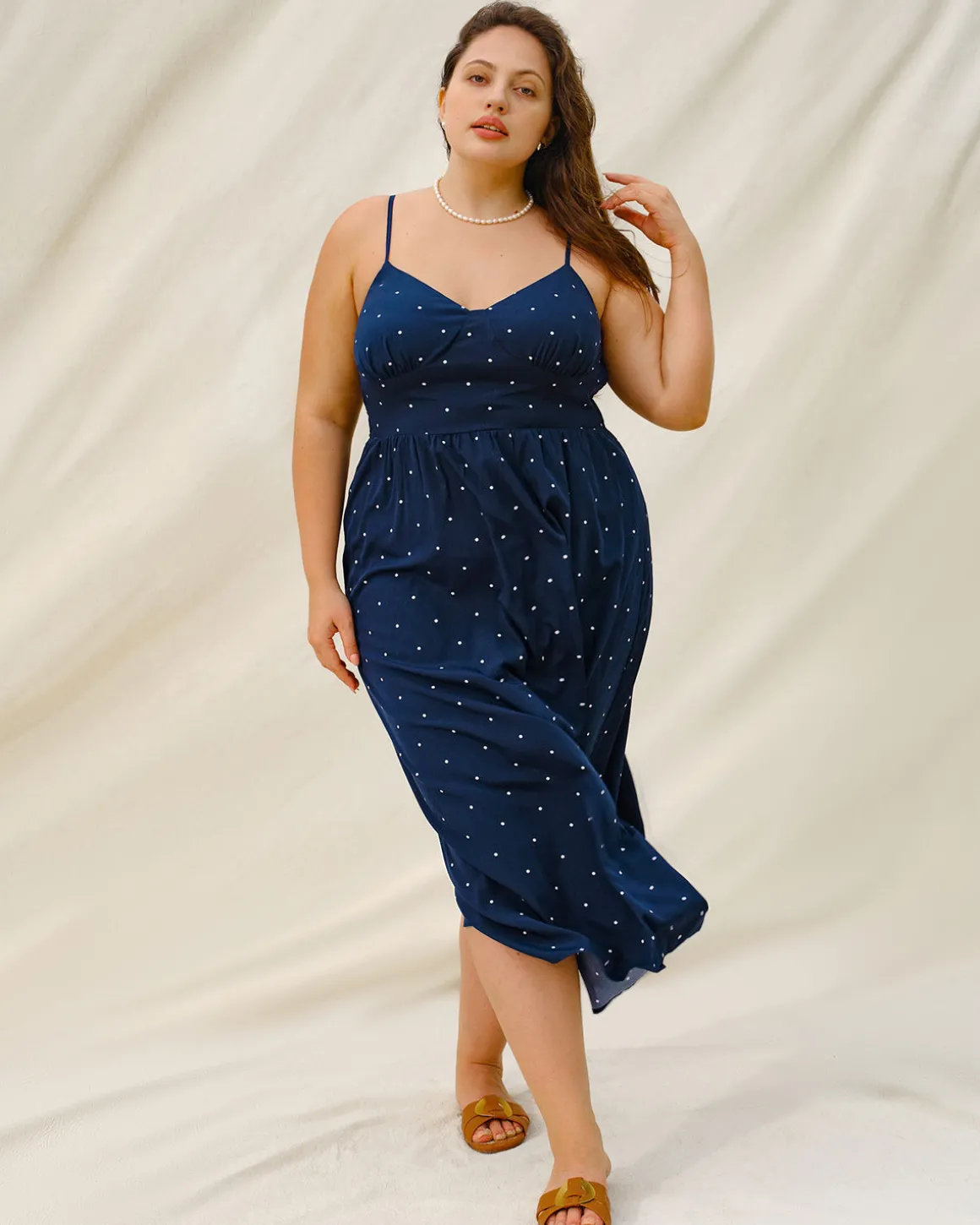 Navy Polka Dot Plus Size Slip Midi Dress