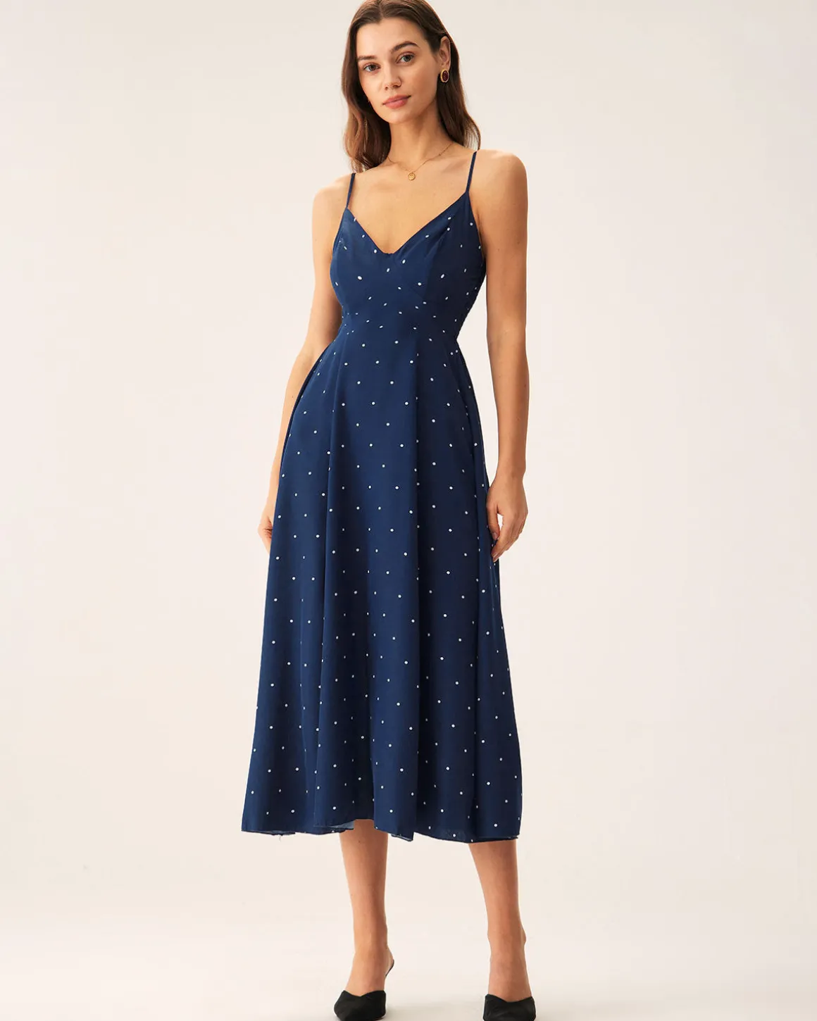 Navy Polka Dot Shirred Slip Midi Dress