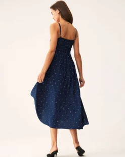 Navy Polka Dot Shirred Slip Midi Dress