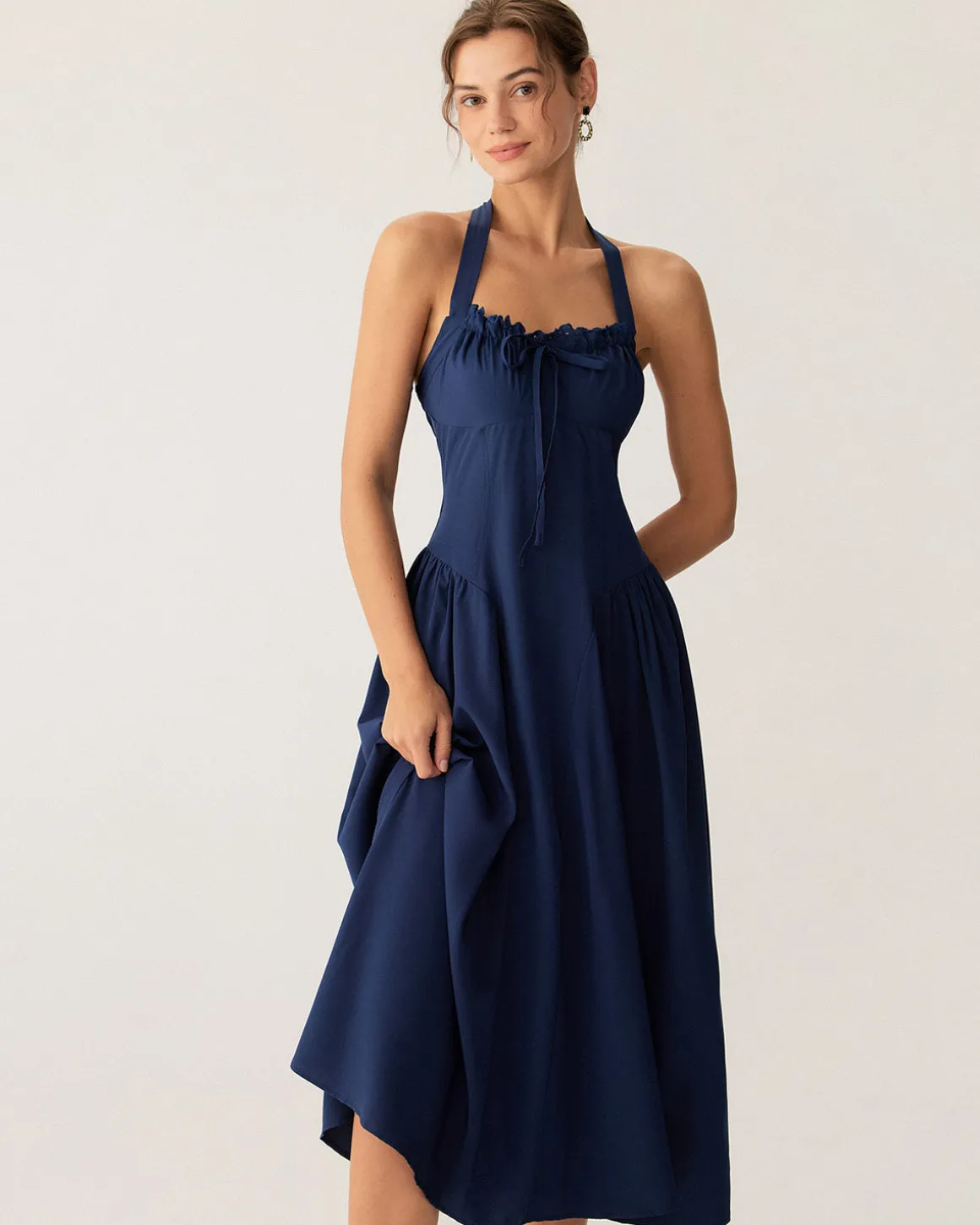 Navy Ruched Halter Midi Dress
